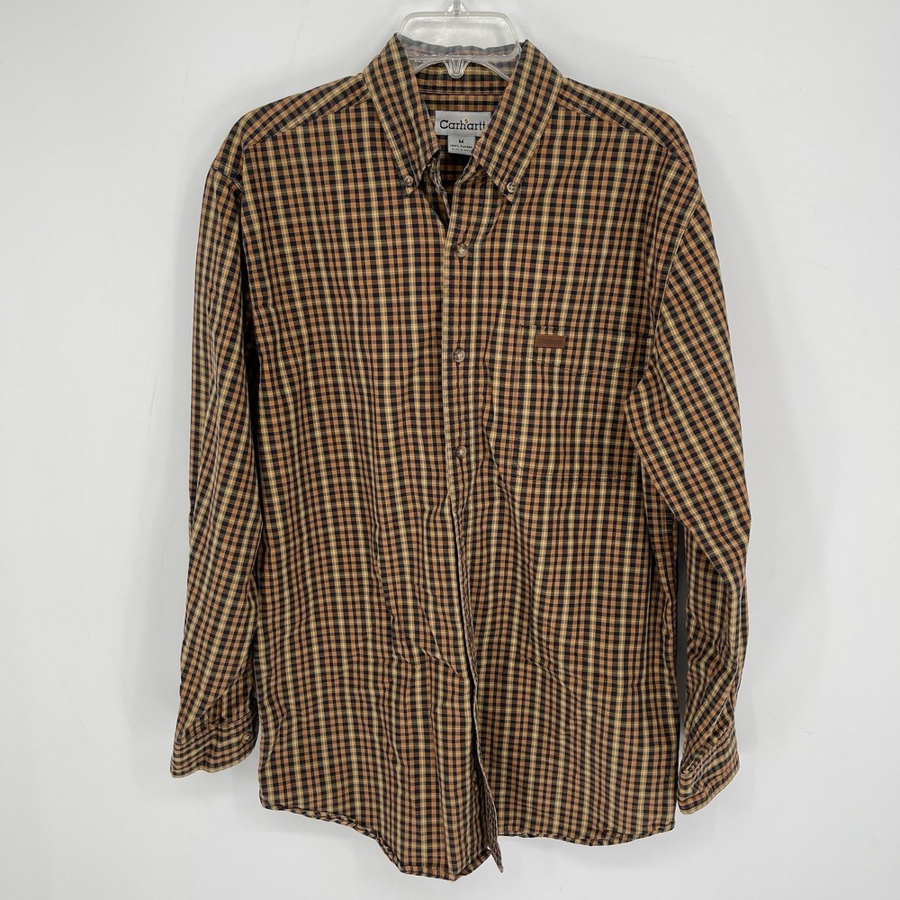 Carhartt Men's Brown Plaid Checkered Long Sleeve Button Down Work Shirt Size M